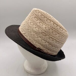 Two-Tone Paper Straw Fedora Hat – Crochet Crown with Black Brim